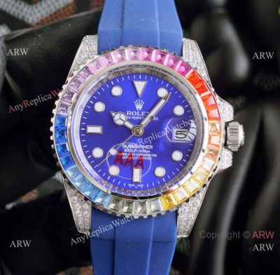 Top Replica Rolex Submariner Citizen Watch Rainbow Bezel Blue Rubber Strap